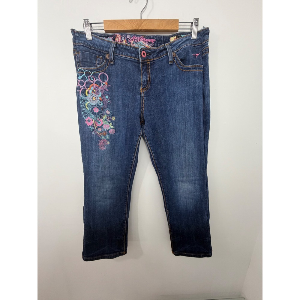 Azure Denim Womens Embroidered Cropped Jeans Blue Floral Low Rise Capri Size 34